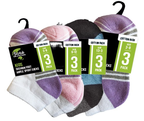 Kids 3pk Cushion Foot Ankle Sports Socks (48PC Carton)